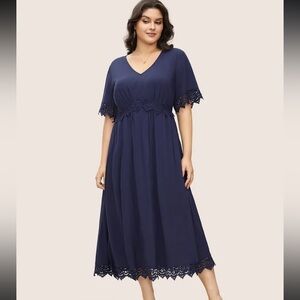 BloomChic Plus Size Solid Lace Panel Elastic Waist Split Hem Dress
